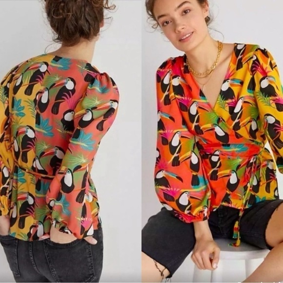 FARM RIO x Anthropologie Rainforest Wrap Blouse Toucans Tropical Birds Sz XS - Picture 1 of 5